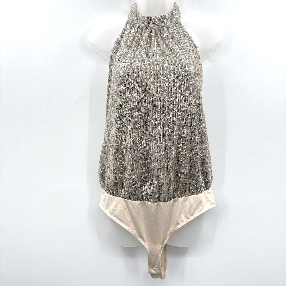 Rachel Zoe Allover Sequin Halter Bodysuit Size L Gold Beige Silver Party Glam